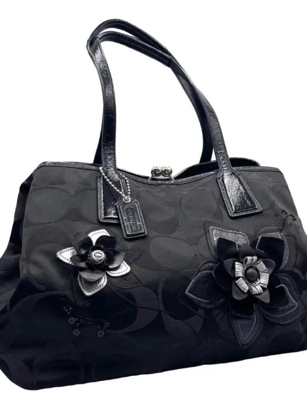 Euc Coach Signature Black Applique Carryall Shoulder Bag Purse